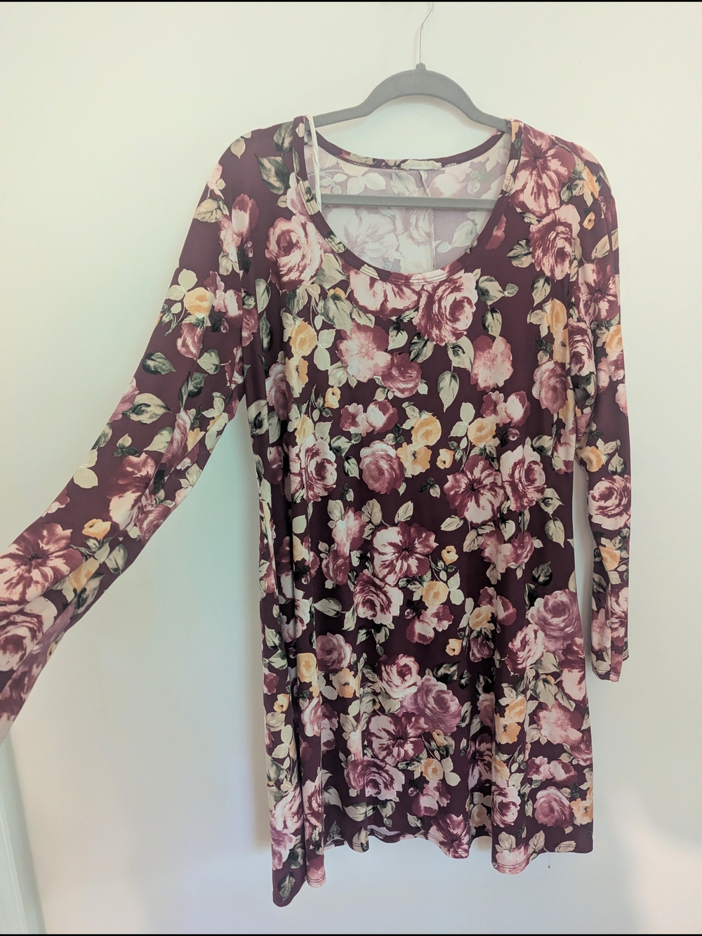 Pinc Floral Long-Sleeve Burgundy & Pink A-Line Dress